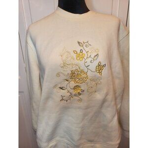 Ivory, Gold, Silver Embroidered Floral Fleece Sweatshirt XL Cozy Comfy Autumn